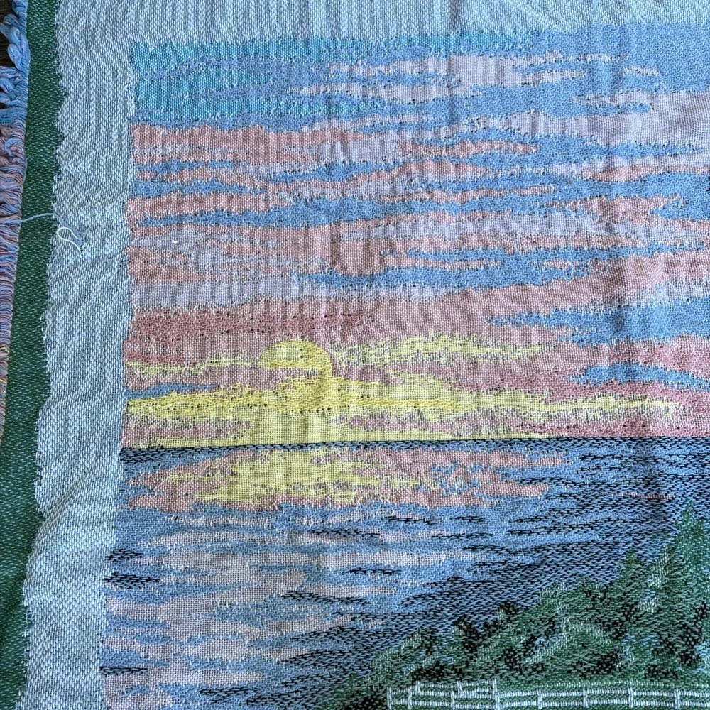 Vintage Lighthouse Woven Afghan Throw Blanket Fringe 56